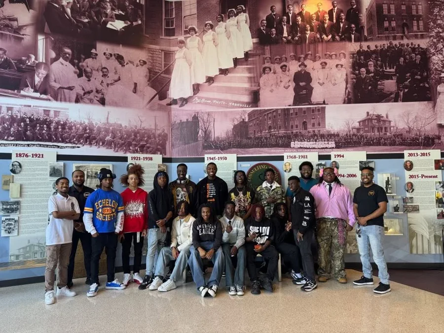 A cohort of Alpha Esquires with brothers of the chapter on a college visit.